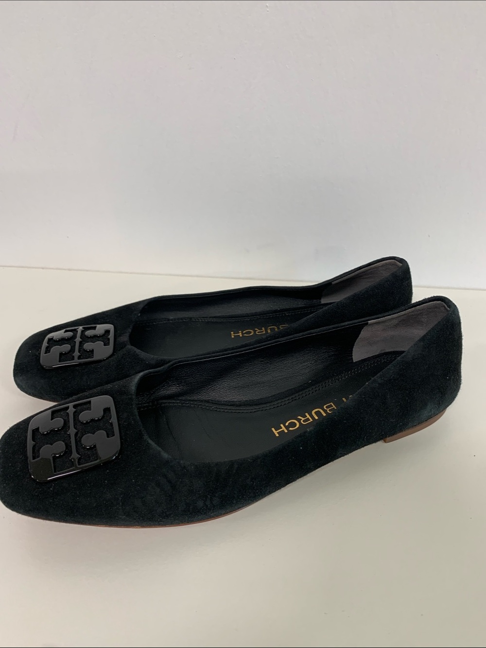 Tory Burch Black Suede Logo Square-Toe Flats - Picture 3 of 8